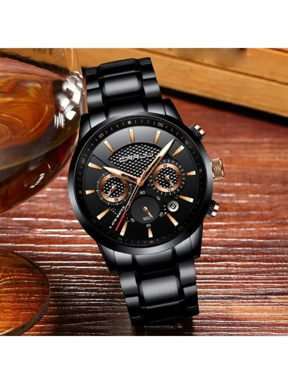 Men's Black Multifunctional Casual Chronograph Quartz Waterproof Wrist Watch